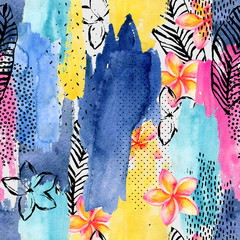 Abstract watercolor and ink doodle shapes seamless pattern.