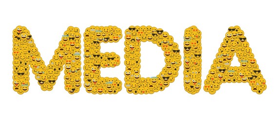 The word media written in social media emoji smiley characters