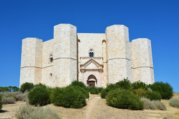 Beautiful view of Castel del Monte, the famous castle built in an octagonal shape by the Holy Roman Emperor Frederick II in the 13th century in Apulia, Italy