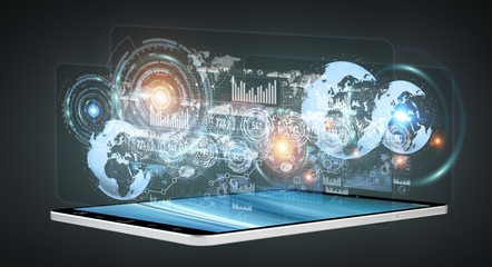 Digital holograms with screens charts over mobile phone 3D rendering