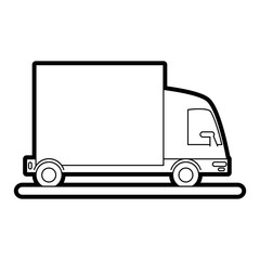 Flat line uncolored delivery truck over white background vector illustration
