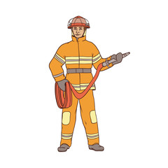 Fototapeta premium Male firefighter in protective suit, helmet and gauntlets, with a red hose in his hands. The worker in the field of fire safety. People of professions. Vector colored sketch of realistic illustration.