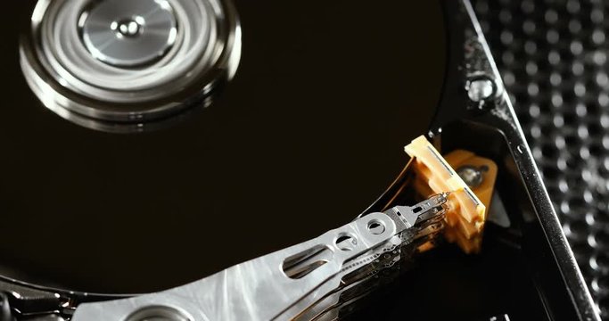 HDD failure. The internal structure of the hard disk. Recorder close-up. HDD, DATA storage device used for storing, retrieving digital information using rotating platters coated with magnetic material