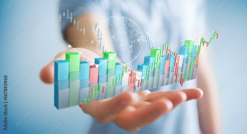 Poster businessman using digital 3d rendered stock exchange stats and charts