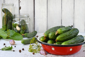 Preservation of pickling cucumber. Preparation of conservation from organic vegetables on a light background. Homemade organic crunch green pickles in a jar. Copy space