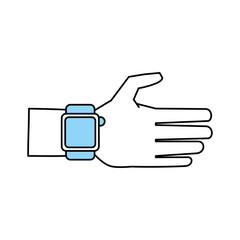 Flat line monocromatic hand with smartwatche over white background vector illustration