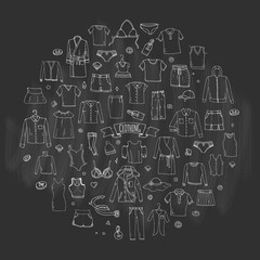 Hand drawn doodle Clothing icons set. Vector illustration.Isolated apparel symbols collection. Cartoon cloth elements: Skirt Shirt T-shirt Shorts Dress Hoodie Underware Blouse Pants Socks Hat Cap Top
