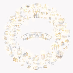 Hand drawn doodle Shopping time icons set. Vector illustration. Seasonal Sale. Sketchy Sale concept Special offer elements Tags Clearance Shopping Ribbons Cart Delivery truck Discount Save up