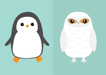 White Snowy owl Penguin bird icon set. Sitting bird with wings. Snow barn. Yellow eyes. Arctic Polar animal collection. Baby education. Flat design. Isolated. Blue sky winter background.
