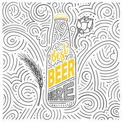 Beer theme card design. The lettering - Best Beer Here. Handwritten swirl pattern. Vector illustration.