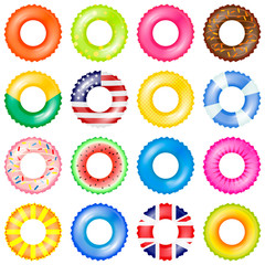 Colorful swim rings vector set. 3d realistic life buoy collection with american and UK flag, chocolate doughnut, watermelon isolated vector illustration