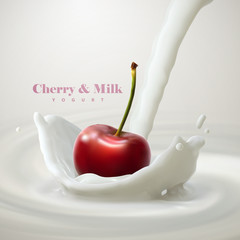 Cherry falling in the milk