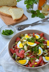 Salad from baked eggplants, onions, tomatoes, eggs, dressed with olive oil and apple vinegar on a light background. Copy space