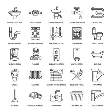 Plumbing service vector flat line icons. House bathroom equipment, faucet, toilet, pipeline, washing machine, dishwasher. Plumber repair illustration, thin linear signs for handyman services.