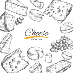 Vector frame with different types of cheese. Hand drawn illustration.