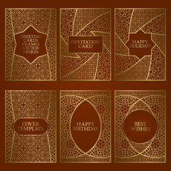 Set of greeting cards templates. Golden frames design for invitations, birthday and holidays greetings, brochures and book covers.