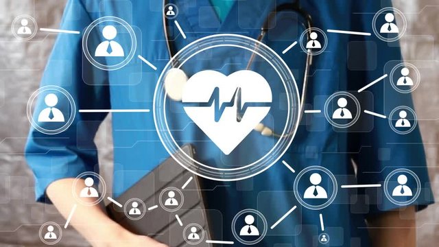 Doctor pushing button heart pulse virtual healthcare network on virtual panel
