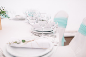 Roll of white serviette decorated with green branch lies on a dinner plate