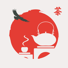 Vector banner with a black eagle and a white silhouette of a tea ceremony in a red decorative sun. Hieroglyph tea