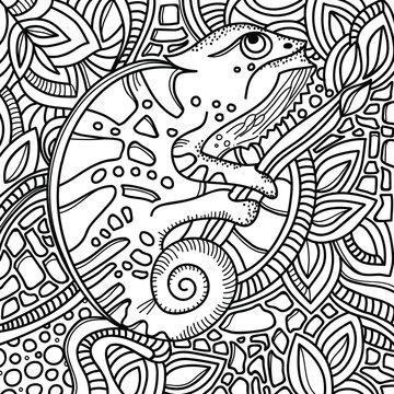 Page for color book with stylized chameleon sitting on a tree branch. Hand drawn sketch, doodle, zentangle.