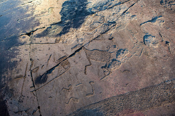 ancient rock carvings petroglyphs on the shore of Onega Lake carved on a granite plate . Age of object - 5000-6000 years. Cape Besov Nos, Karelia, Russia.