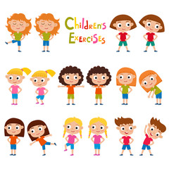 Vector set of girls in exercises poses isolated on white