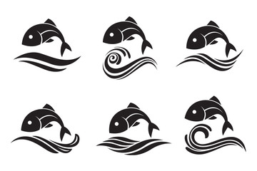 collection of fish icon with waves