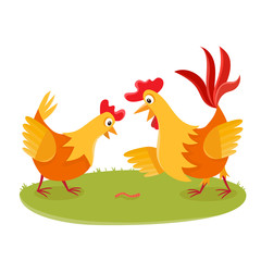 Cartoon rooster and chicken on grass isolated on white. Cartoon 
