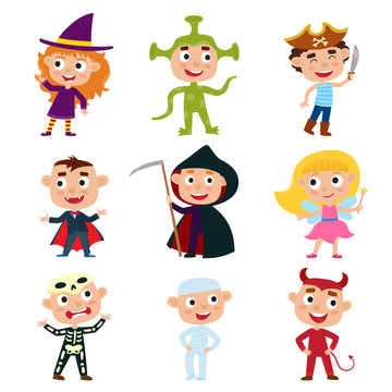 Vector set of children in halloween costumes: pirate, devil, wit