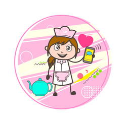 Cartoon Girl Waitress Showing Message in Mobile Vector