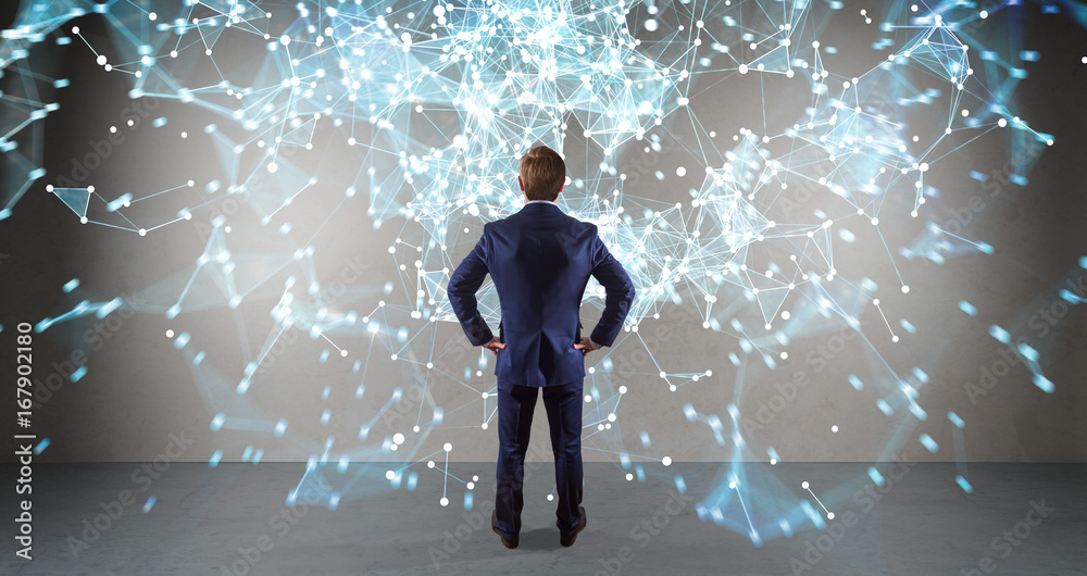 Poster Businessman using connection network on a wall 3D rendering