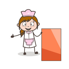 Cartoon Excited Waitress with Ad Banner Vector Graphic