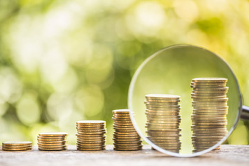 Money coin stack arranged as a graph on wood and magnifying glass with blur nature background,...