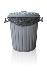 Trash bin plastic recycle bin with black trash bag inside isolated on white