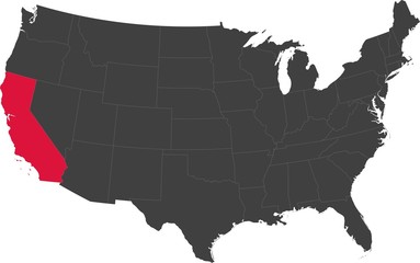 Map of the United States of America split into individual states. Highlighted state of California.