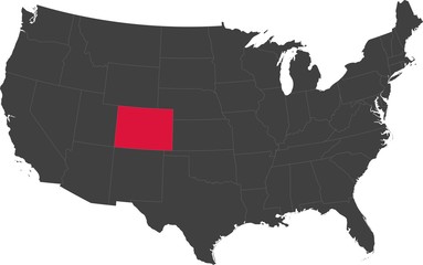 Map of the United States of America split into individual states. Highlighted state of Colorado.