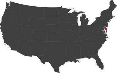 Map of the United States of America split into individual states. Highlighted state of Delaware.