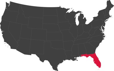 Map of the United States of America split into individual states. Highlighted state of Florida.