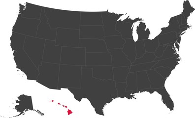 Map of the United States of America split into individual states. Highlighted state of Hawaii.