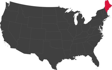 Map of the United States of America split into individual states. Highlighted state of Maine.