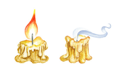Ancient Burning Candle. Watercolor illustration