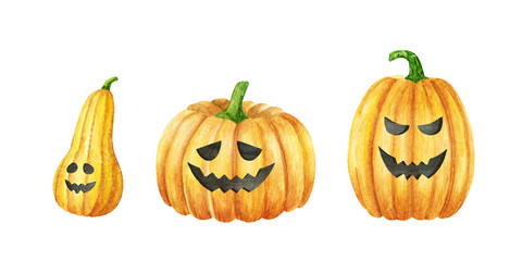 Smiling Halloween Pumpkin. Watercolor illustration