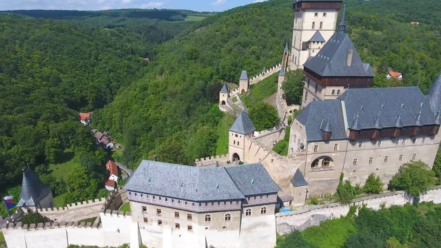 Aerial view of Medieval castle Karlstejn in Czech republic, Europe, Drone view