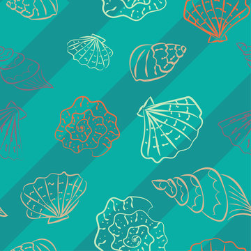 Hand drawn beautiful sea shells on striped background, vector illustration. Seamless pattern for prints, textile, wrapping paper etc