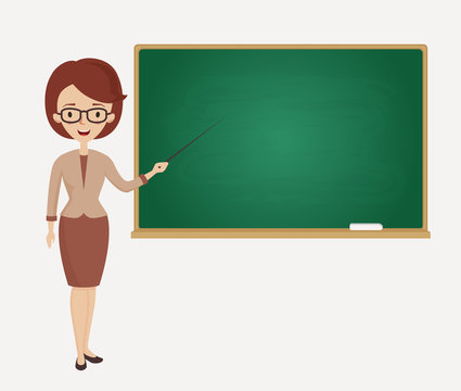 Female teacher stands at the blackboard. Vector.