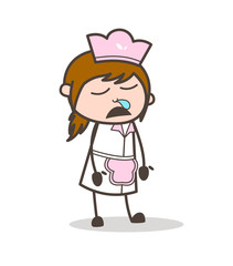 Cartoon Waitress Sleepy Face Vector Illustration