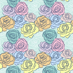 Hand drawn beautiful roses, vector illustration. Seamless pattern for prints, textile, wrapping paper etc.