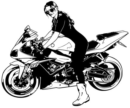 Sexy Woman in Sunglasses Sitting on a Sport Motorcycle - Black and White Illustration, Vector