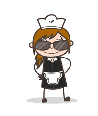 Cartoon Modern Waitress Face with Sunglasses Vector Illustration
