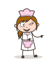 Cartoon Funny Waitress Pointing and Winking Eye Vector Illustration